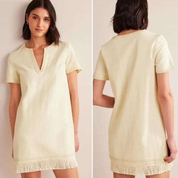 Boden Fringe Trim Hem Mini Shift Dress in Ivory 100% Cotton Pullover size 6R - Picture 2 of 13